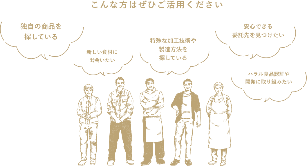 こんな方はぜひご活用ください「独自の商品を探している」「新しい食材に出会いたい」「特殊な加工技術や製造方法を探している」「安心できる委託先を見つけたい」「ハラル食品認証や開発に取り組みたい」